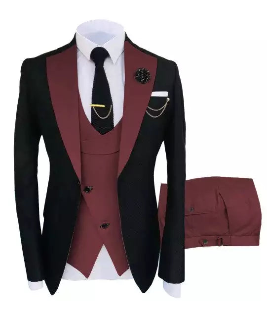 Mens Slim Fit 3 Piece Burgundy Wedding Tuxedo