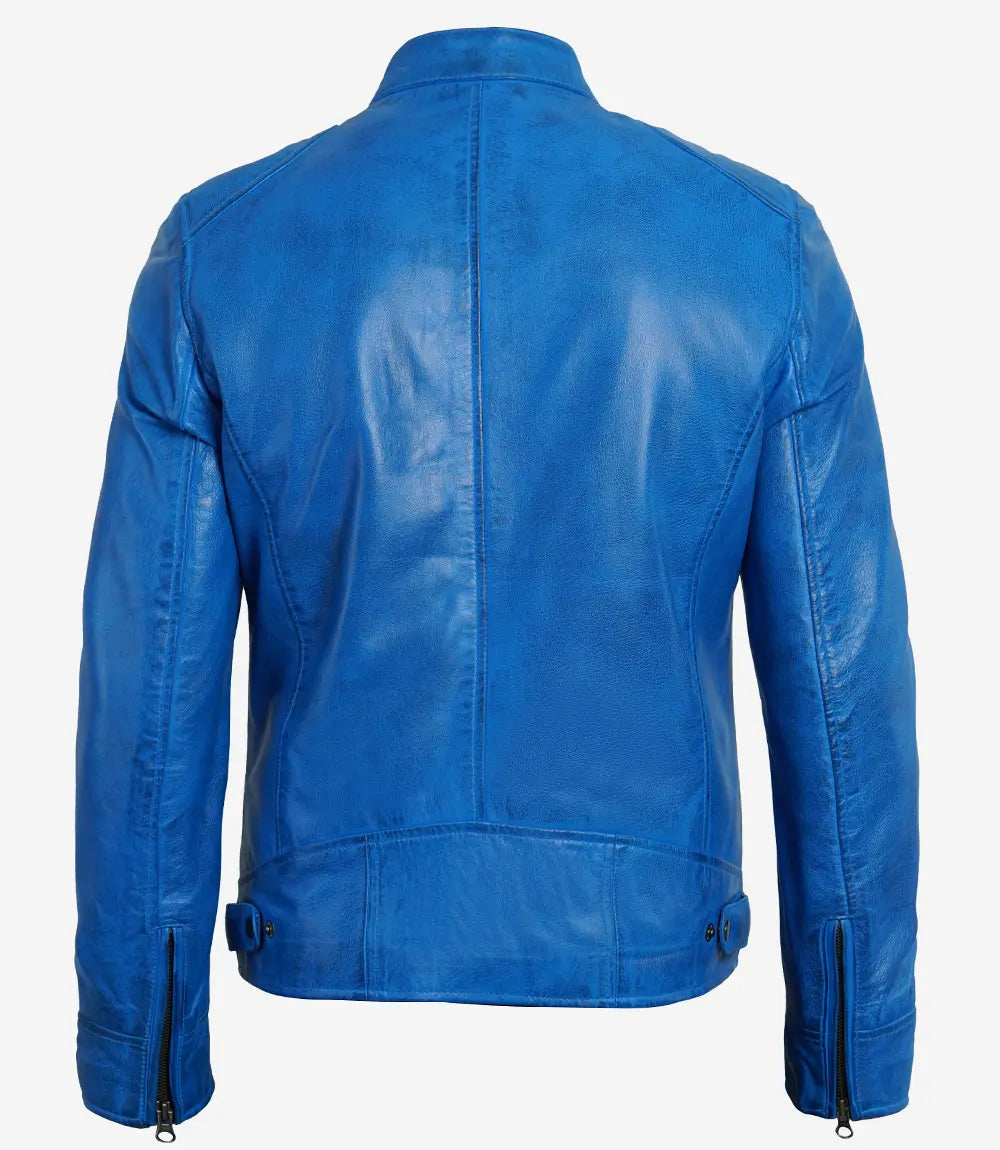Mens Cafe Racer Blue Leather Jacket