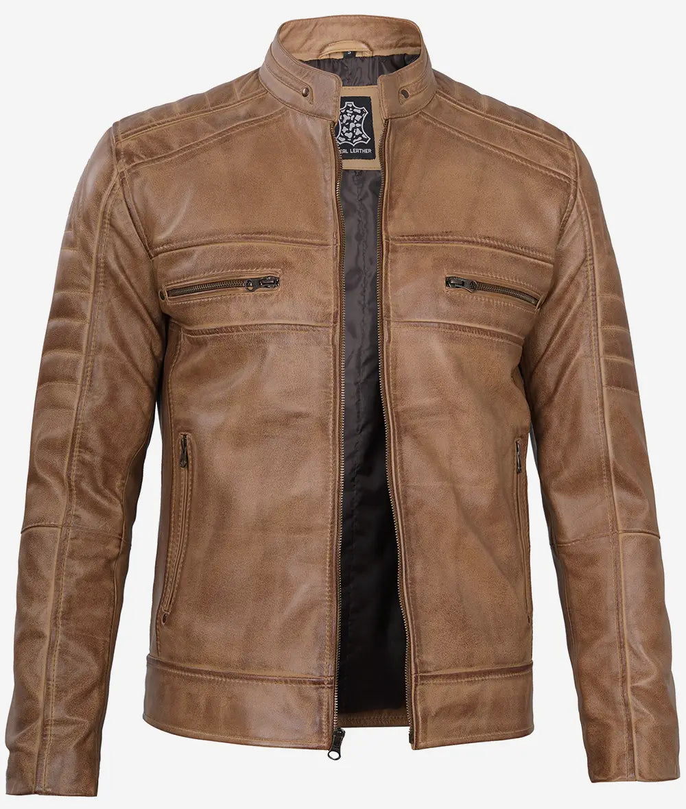 Mens Lambskin Tan Cafe Racer Leather Jacket