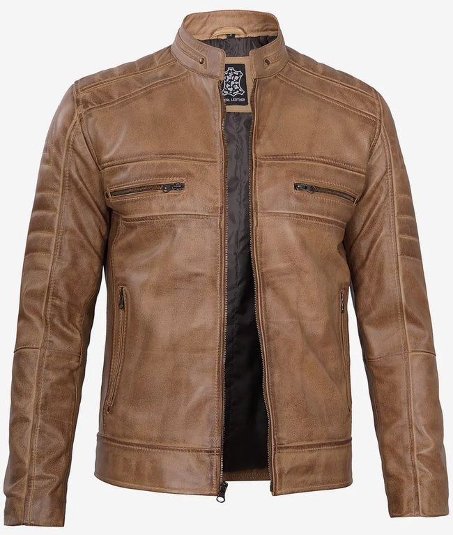 Mens Lambskin Tan Cafe Racer Leather Jacket