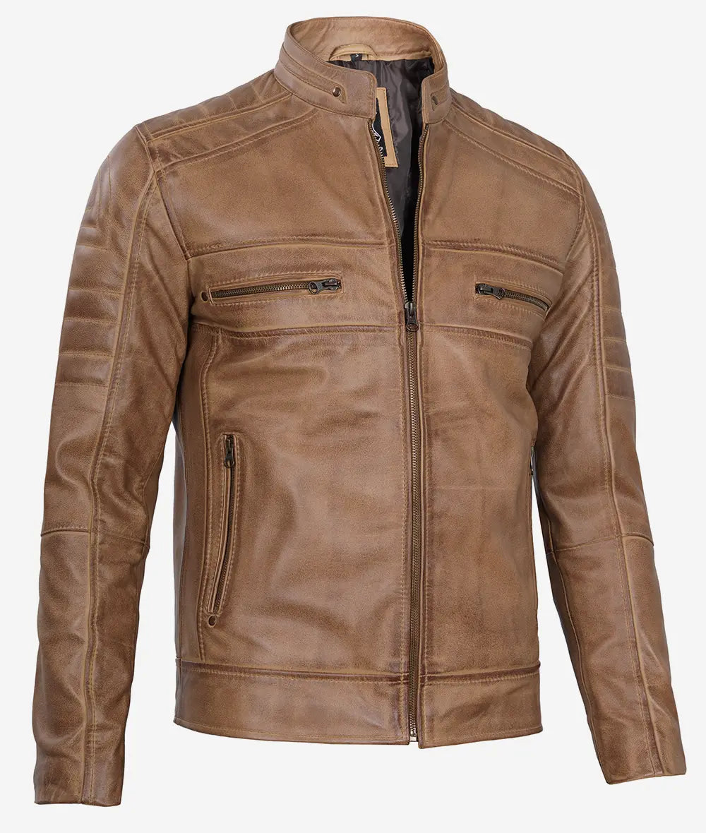 Mens Lambskin Tan Cafe Racer Leather Jacket