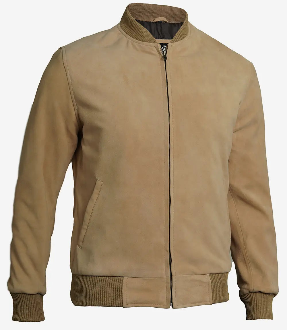 Suede Bomber Camel Leather Jacket Mens