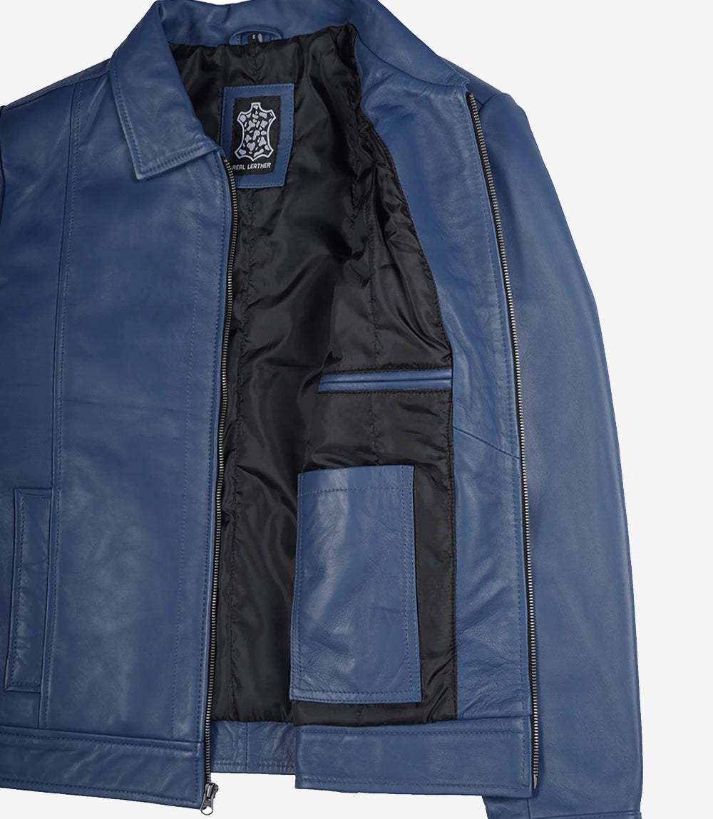 Mens Shirt Collar Blue Leather Jacket