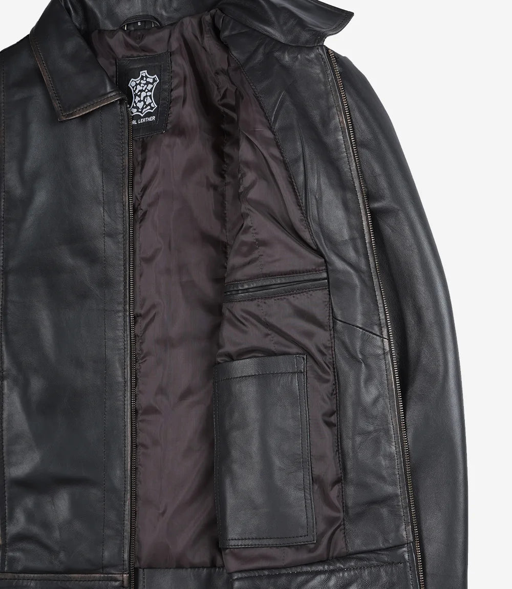 Mens Shirt Collar Vintage Brown Leather Jacket