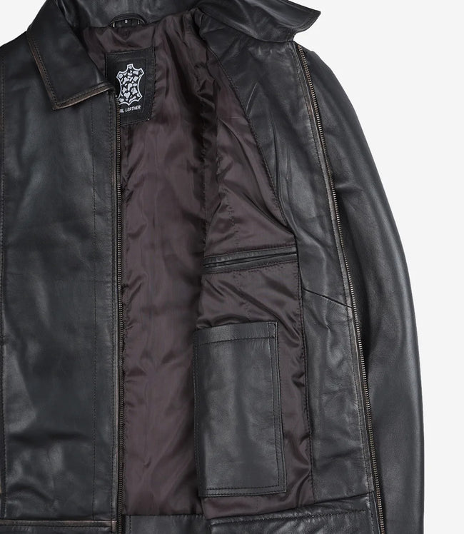 Mens Shirt Collar Vintage Brown Leather Jacket