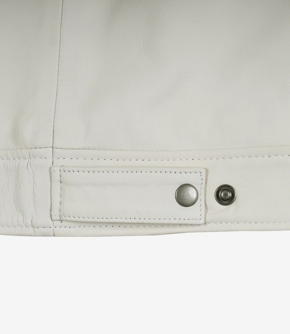 Mens Shirt Collar White Leather Jacket