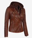 Womens Cognac Leather Jacket with Hood
