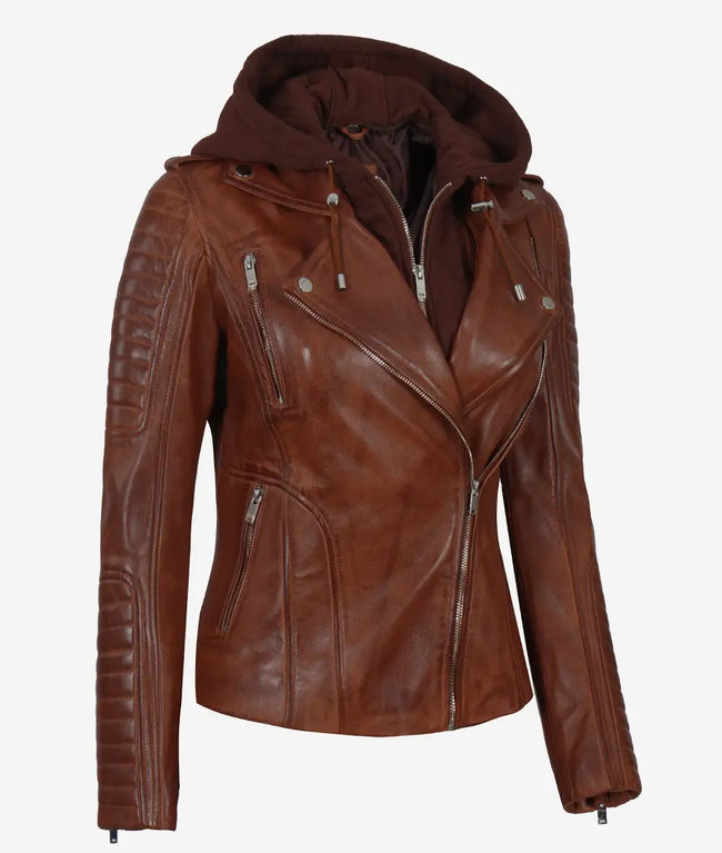 Womens Cognac Leather Jacket with Hood