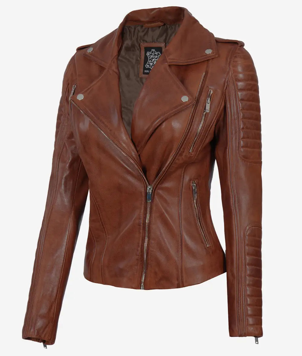 Womens Cognac Leather Jacket with Hood