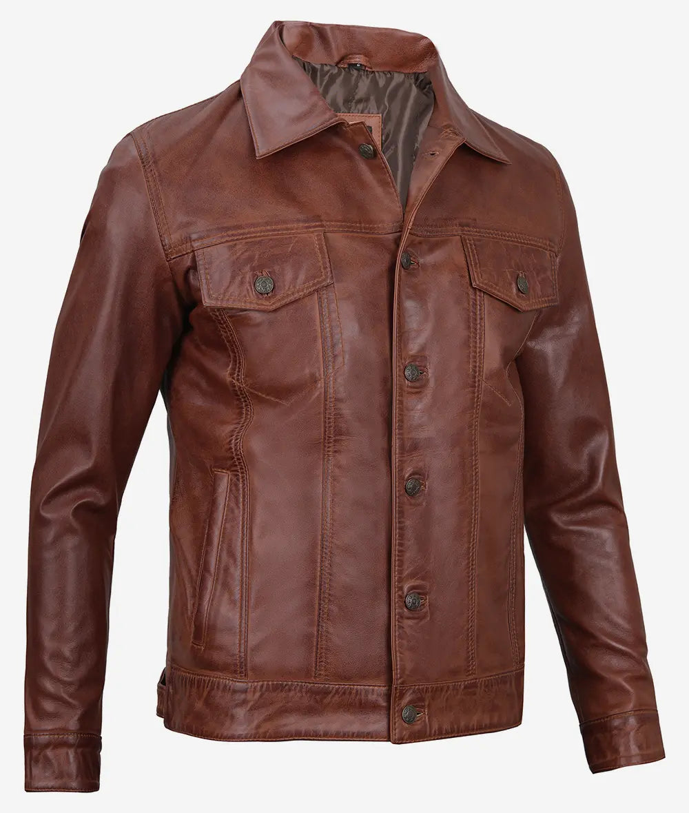 Mens Brown Leather Trucker Jacket