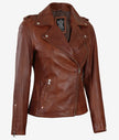 Womens Asymmetrical Cognac Moto Leather Jacket