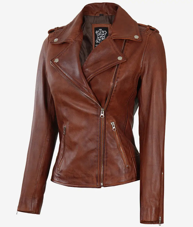 Womens Asymmetrical Cognac Moto Leather Jacket