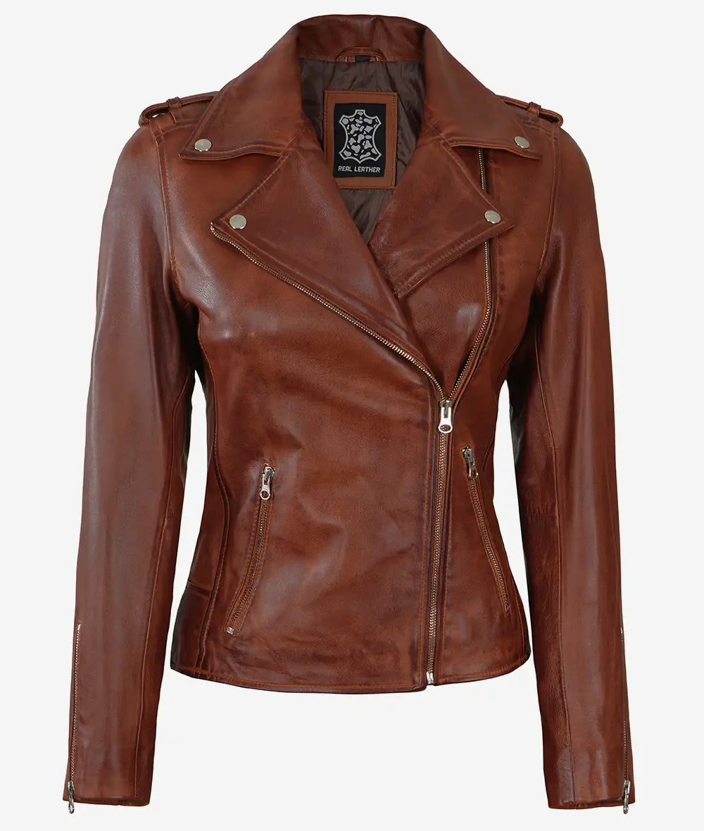 Womens Asymmetrical Cognac Moto Leather Jacket