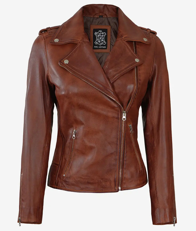 Womens Asymmetrical Cognac Moto Leather Jacket