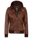 Womens Cognac Leather Bomber Jacket Hood