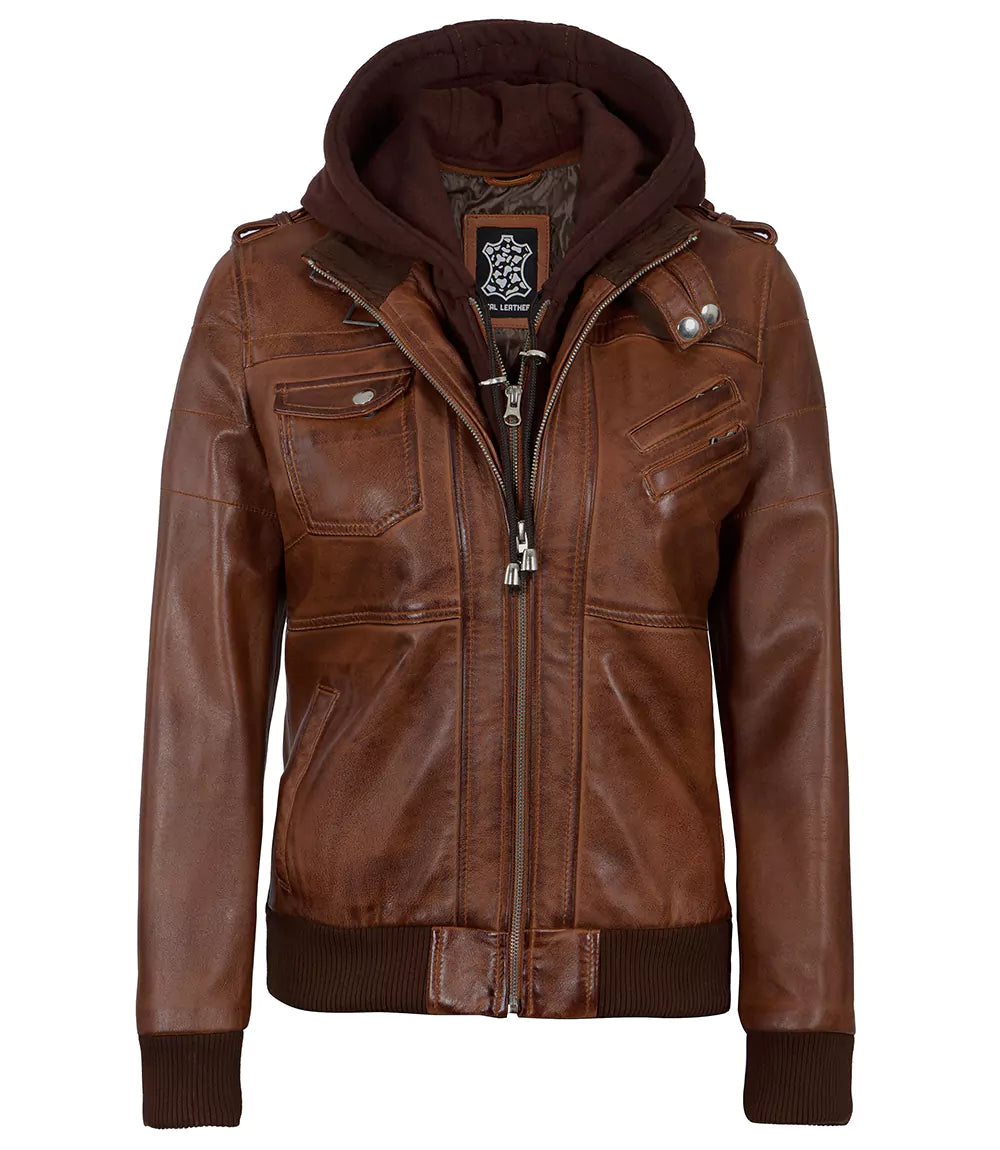 Womens Cognac Leather Bomber Jacket Hood