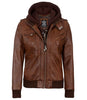 Womens Cognac Leather Bomber Jacket Hood