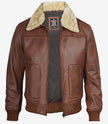 Mens Fur Collar Cognac Bomber Leather Jacket 
