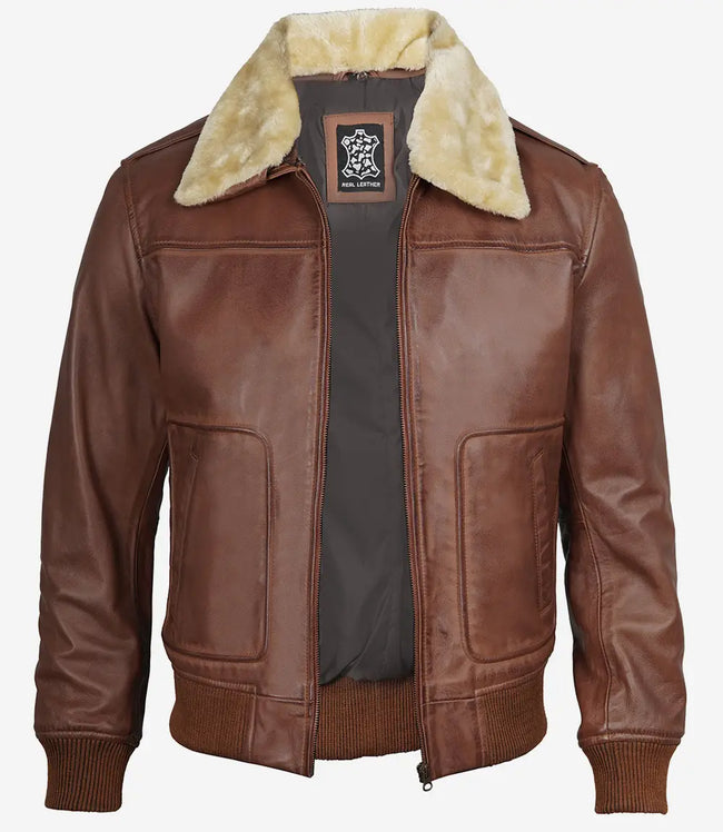 Mens Fur Collar Cognac Bomber Leather Jacket 