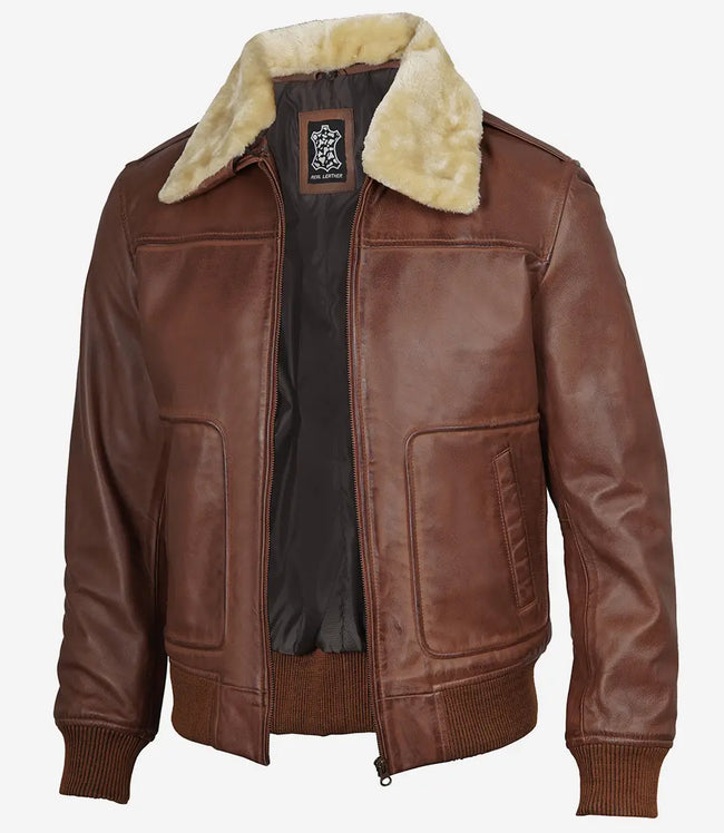 Mens Fur Collar Cognac Bomber Leather Jacket 