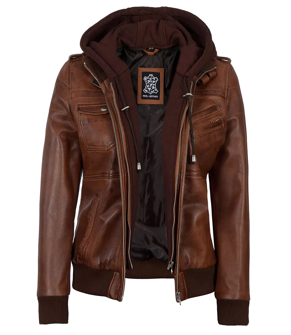 Womens Cognac Leather Bomber Jacket Hood