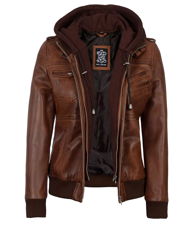 Womens Cognac Leather Bomber Jacket Hood