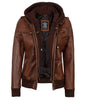 Womens Cognac Leather Bomber Jacket Hood