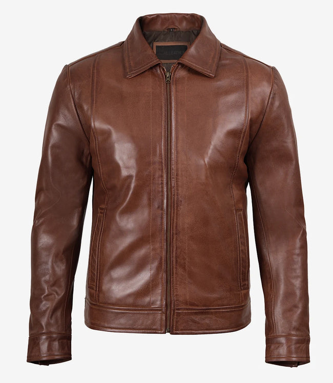 Reeves Brown Shirt Collar Front Zip Men Stylish Pebbled Leather Jacket