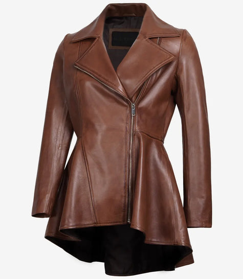 Womens Cognac Peplum Leather Jacket