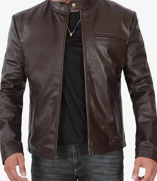 Mens Dark Brown Cowhide Leather Cafe Racer Jacket 
