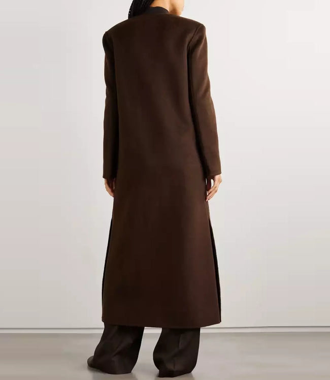 Womens Collarless Dark Brown Wool Trench Coat
