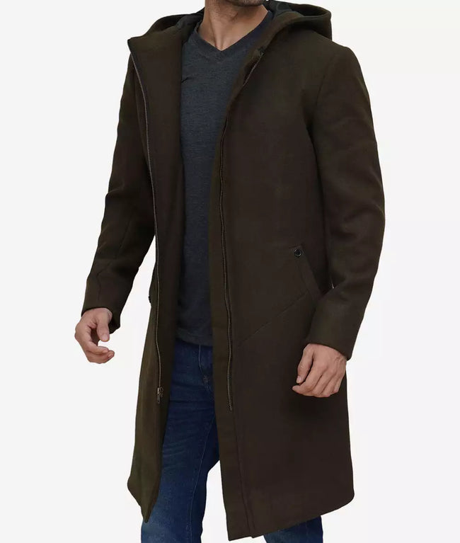 Mens Dark Green Hooded Wool Coat