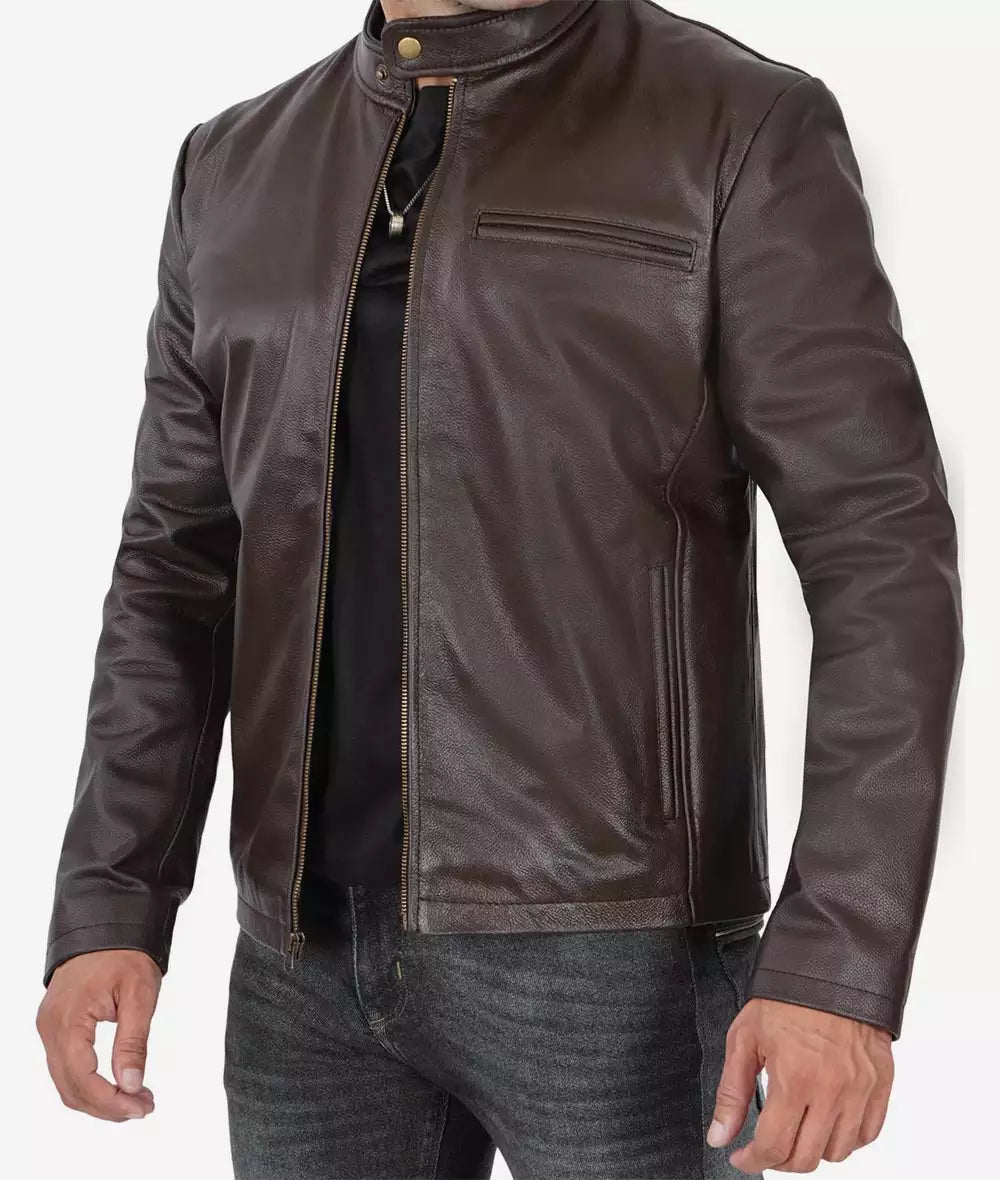 Mens Dark Brown Cowhide Leather Cafe Racer Jacket 