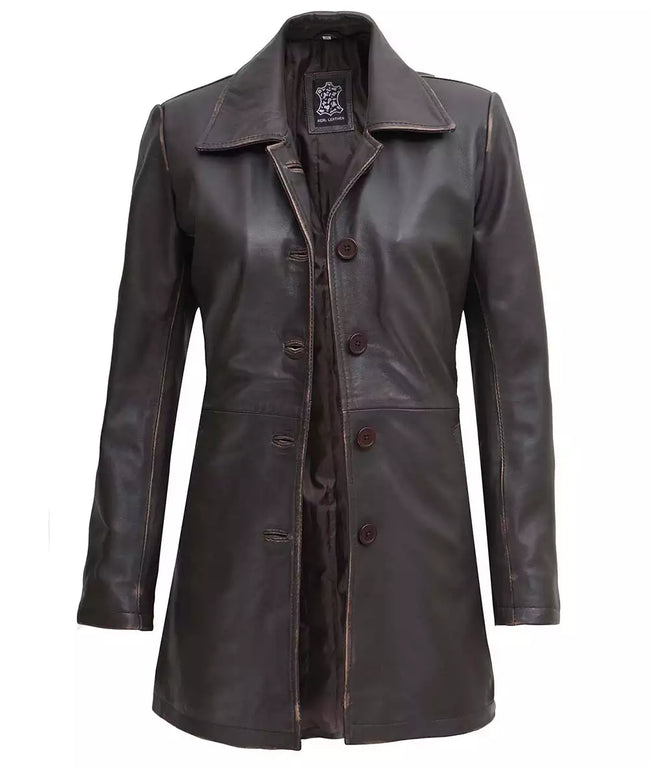 Womens Distressed Brown Leather Coat
