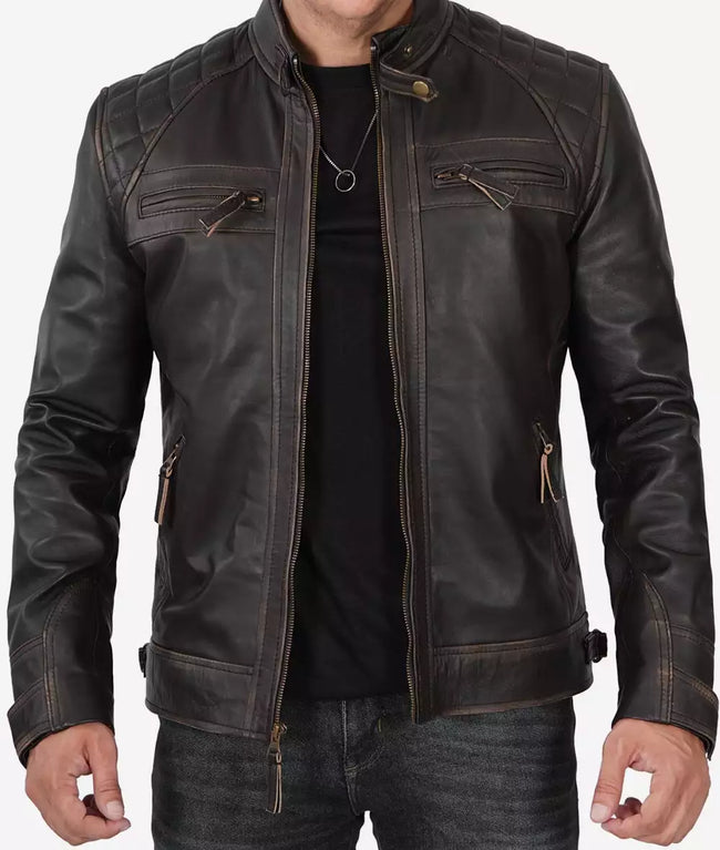 Mens Tall Distressed Brown Biker Leather Jacket