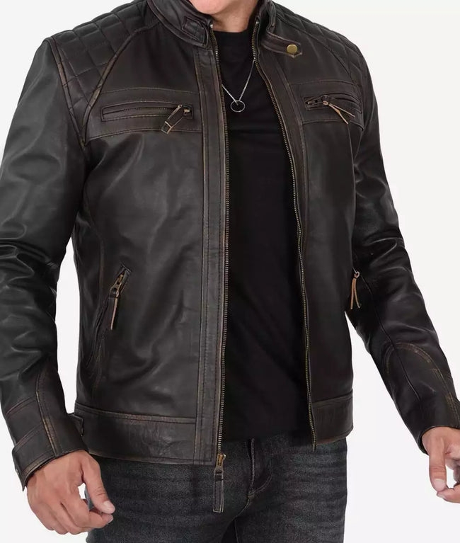 Mens Tall Distressed Brown Biker Leather Jacket