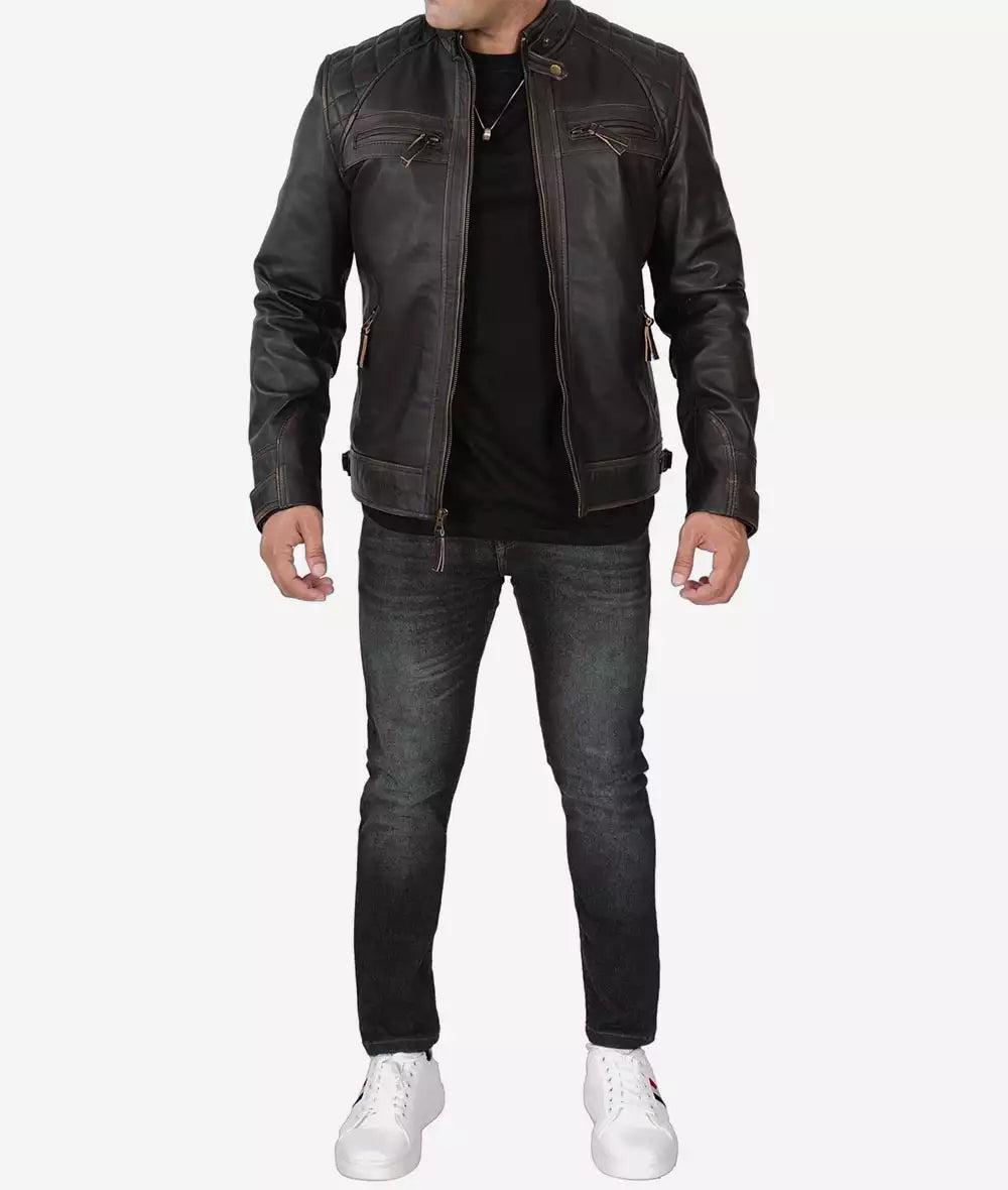 Mens Tall Distressed Brown Biker Leather Jacket