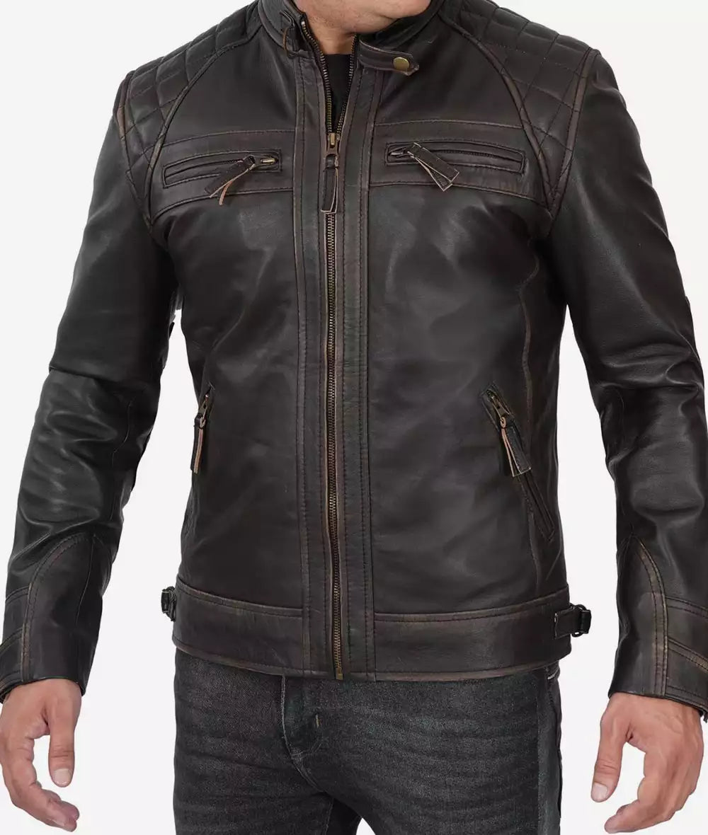 Mens Tall Distressed Brown Biker Leather Jacket