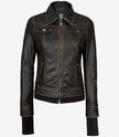 Womens Rub off Brown Bomber Leather Jacket with Hood