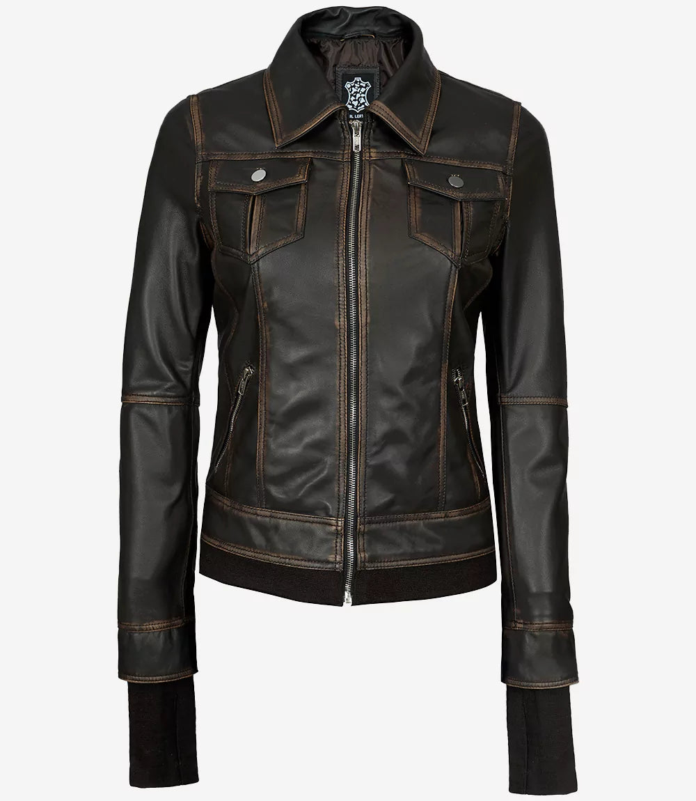Womens Rub off Brown Bomber Leather Jacket with Hood