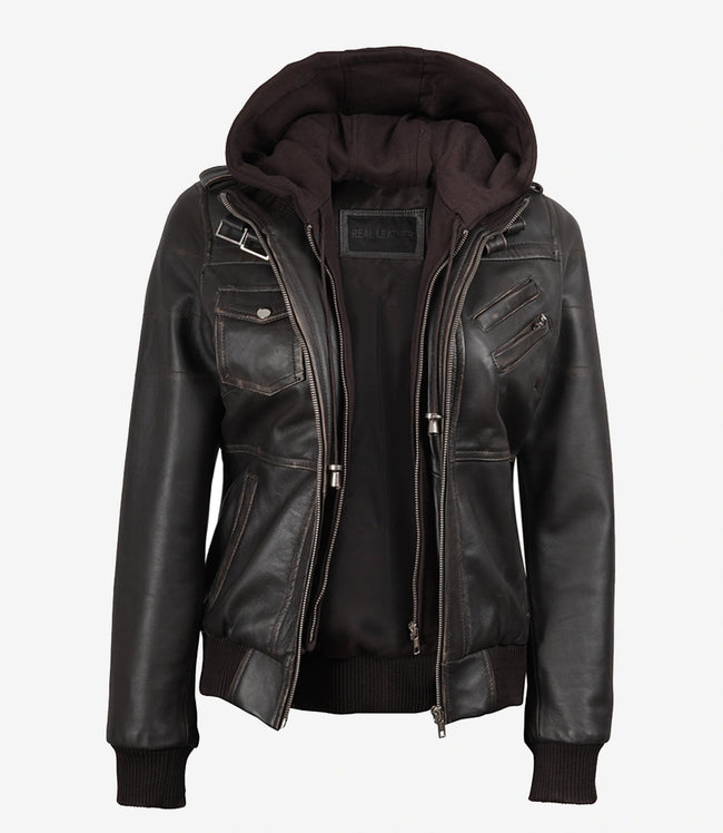 Womens Rub Off Brown Hooded Bomber Leather Jacket