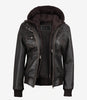 Womens Rub Off Brown Hooded Bomber Leather Jacket