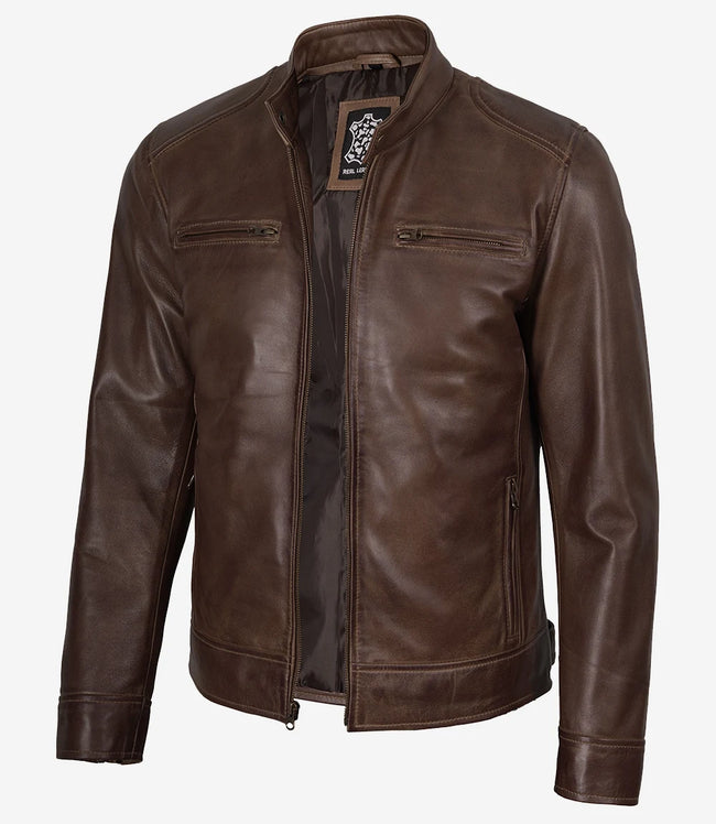Dodge Men's Waxed Chocolate Brown Biker Style Leather Jacket