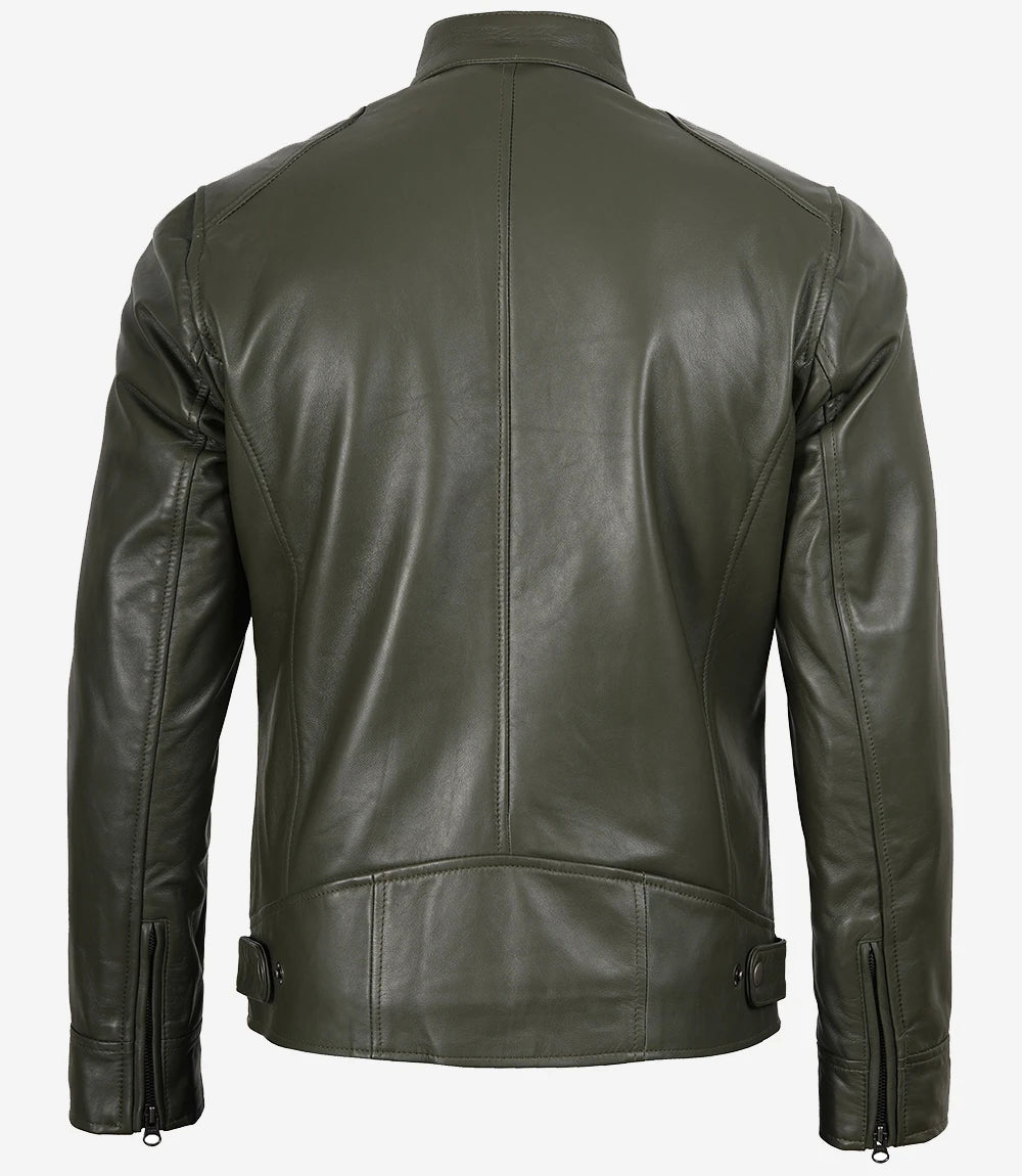 Dodge Olive Green Biker Style Leather Jacket for Men