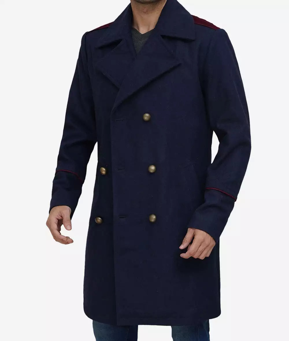 Mens Double Breasted Long Navy Blue Wool Coat