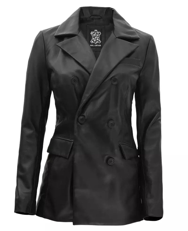Black Double Breasted Leather Coat Women