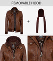Womens Cognac Leather Bomber Jacket Hood