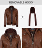 Womens Cognac Leather Bomber Jacket Hood