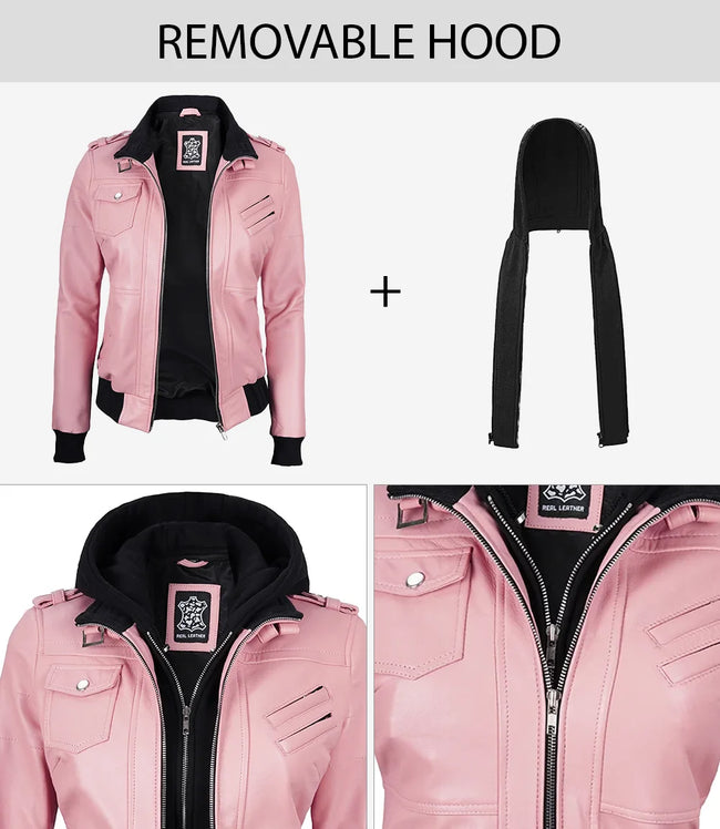 Womens Pink Hooded Bomber Leather Jacket