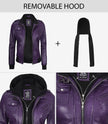 Womens Purple Hooded Bomber Leather Jacket